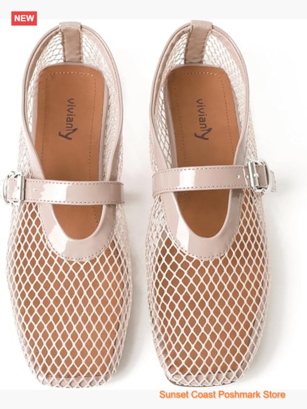 Mesh Mary Jane Flats Faux Leather Buckle Strap Square Toe